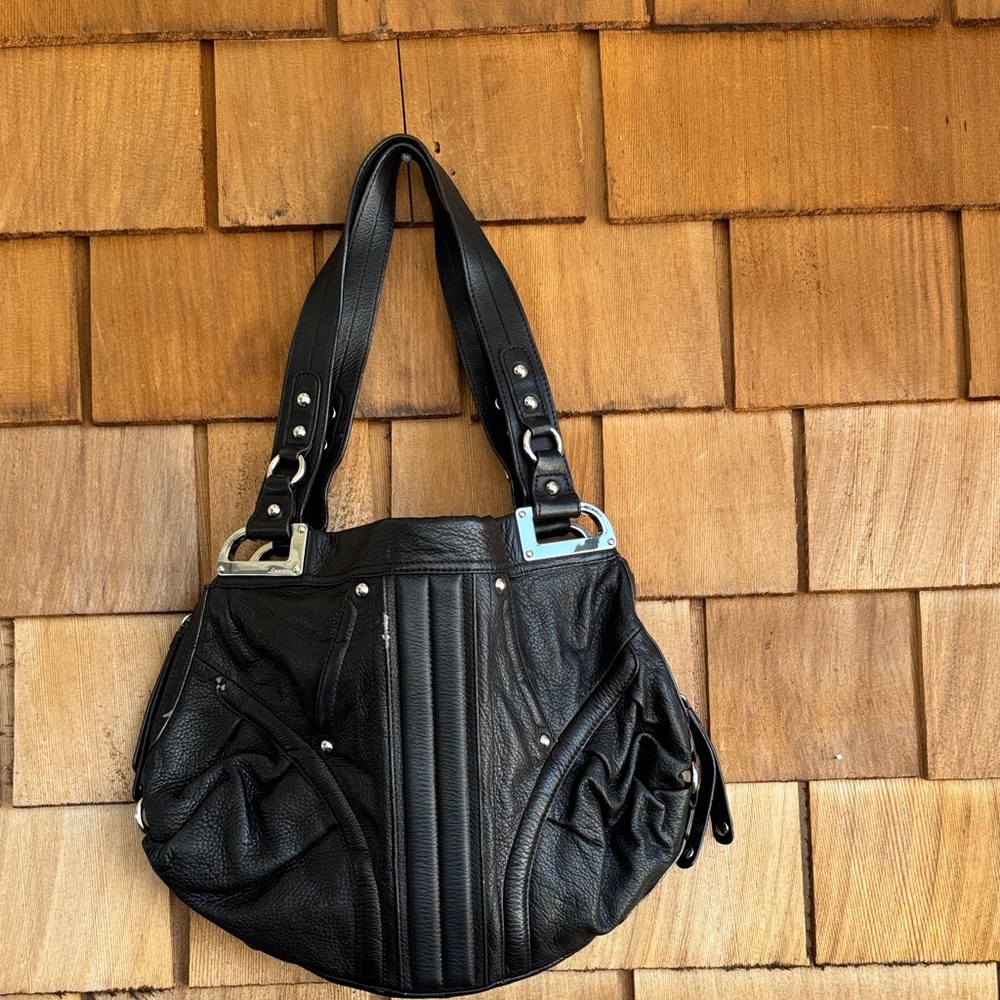 b. makowsky Black Leather Shoulder Bag with Silver Hardware